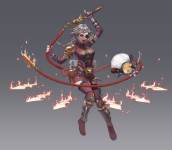Rule 34 | 1girl, absurdres, animal, armor, bad id, bad twitter id, black eyes, braid, brown eyes, deepmaru, eyepatch, fang, fire, fishnets, gradient background, grappling hook, grey hair, highres, holding, holding knife, holding weapon, holding whip, jewelry, knife, kunai, long hair, necklace, ninja, open mouth, original, scroll, sheath, sheathed, skirt, sparkle, tabi, teeth, tongue, weapon, whip