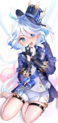 Rule 34 | 1girl, absurdres, ahoge, ascot, barefoot, black ascot, black gloves, blue bow, blue brooch, blue eyes, blue hair, blue hat, blue jacket, blue nails, blush, bow, chikuwabu tea, crying, crying with eyes open, furina (genshin impact), genshin impact, gloves, hair between eyes, hat, highres, jacket, legs, light blue hair, long hair, looking at viewer, multicolored hair, nail polish, open clothes, open jacket, open mouth, pillow, shorts, sidelocks, simple background, sitting, solo, streaked hair, teardrop, tearing up, tears, toenail polish, toenails, toes, top hat, v-shaped eyebrows, white gloves, white shorts