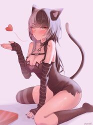 Rule 34 | 1girl, animal ears, black arm warmers, black choker, black dress, black hair, black nails, black thighhighs, blowing kiss, blush, breasts, cat ears, cat tail, chest belt, choker, cleavage, dress, grey hair, heart, highres, hololive, hololive english, kemonomimi mode, lace, lace choker, large breasts, long hair, looking at viewer, multicolored hair, nail polish, one eye closed, shiori novella, shiori novella (1st costume), split-color hair, sumosumo, tail, thighhighs, virtual youtuber, yellow eyes