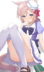 Rule 34 | 1girl, animal ears, blush, box, brown footwear, chahanramen, closed mouth, collarbone, commentary request, dixie cup hat, hair between eyes, hair ornament, hat, highres, horse ears, horse girl, horse tail, knees up, light brown hair, loafers, looking at viewer, military hat, on ground, shoes, simple background, tail, thighhighs, umamusume, venus paques (umamusume), white background, white headwear, white thighhighs