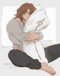 Rule 34 | ..., 1boy, bara, barefoot, black pants, brown hair, closed eyes, closed mouth, granblue fantasy, grey shirt, highres, hugging object, long hair, male focus, momimomi, muscular, muscular male, pants, pillow, pillow hug, shirt, siegfried (granblue fantasy), simple background, sitting, solo