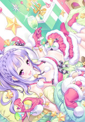 Rule 34 | 1girl, :d, ahoge, bare shoulders, between fingers, blue hair, blush, braid, breasts, christmas, cleavage, fur trim, gloves, holding, kousaki rui, midriff, navel, open mouth, original, ornament, party popper, pink eyes, pom pom (clothes), purple hair, reclining, santa costume, skirt, smile, solo, star (symbol)