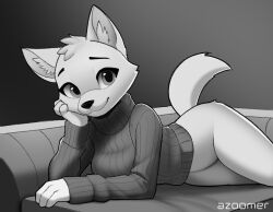 Rule 34 | 1girl, :3, animal ear fluff, animal ears, animal nose, artist name, azoomer, bottomless, breasts, closed mouth, couch, cowboy shot, dog ears, dog girl, dog tail, female focus, furry, furry female, gradient background, grey background, greyscale, groin, hand on own cheek, hand on own face, hand up, happy, head rest, highres, long sleeves, looking at viewer, lying, medium breasts, monochrome, on couch, on side, original, raised eyebrows, ribbed sweater, simple background, smile, snout, solo, sweater, tail, thighs, turtleneck, turtleneck sweater, watermark