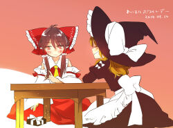 Rule 34 | 2girls, apron, arm on table, ascot, black headwear, black skirt, blonde hair, blush, bow, brown hair, closed eyes, closed mouth, commentary request, dated, detached sleeves, frilled bow, frilled hair tubes, frills, gift, grin, hair bow, hair tubes, hakurei reimu, hand in own hair, hand on own leg, hat, kirisame marisa, long hair, long sleeves, multiple girls, red bow, red eyes, red skirt, skirt, skirt set, smile, table, touhou, translated, waist apron, white bow, white day, witch hat, yellow ascot, yonu (yonurime)