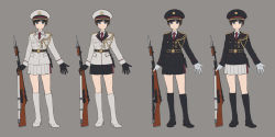 Rule 34 | 1girl, bayonet, black footwear, black gloves, black jacket, black skirt, blue eyes, boots, bright pupils, brown hair, closed mouth, collared shirt, commentary request, epaulettes, genso, gloves, grey background, grey gloves, grey jacket, grey shirt, grey skirt, gun, hat, highres, jacket, knee boots, looking at viewer, military, military hat, military uniform, multiple views, necktie, original, peaked cap, pleated skirt, red neckwear, rifle, shirt, short hair, simple background, skirt, smile, uniform, weapon, white footwear, wing collar