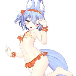 Rule 34 | 1girl, 3d, absurdres, animal ear fluff, animal ears, armadillon, bare shoulders, barefoot, bell, bikini, blue hair, blush, bow, bracelet, breasts, collar, fox ears, fox girl, fox tail, frilled bikini, frilled bikini top, frills, groin, hair between eyes, hair ribbon, highres, jewelry, looking at viewer, navel, neck bell, one eye closed, open mouth, original, ribbon, short hair, small breasts, smile, solo, standing, swimsuit, tail, vrchat, yellow eyes, yuuko-zoku no onee-chan