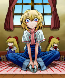 Rule 34 | 1girl, adapted costume, alice margatroid, bad id, bad pixiv id, blonde hair, blue eyes, blush, capelet, feet together, hands on feet, indian style, knees apart feet together, nukarumi noren, overalls, shanghai doll, short hair, sitting, smile, solo, touhou, window