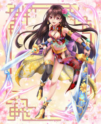 Rule 34 | 1girl, :d, ahoge, armor, asymmetrical legwear, back bow, black thighhighs, bow, breasts, brown hair, cleavage, detached sleeves, dual wielding, earrings, faulds, floating hair, flower, full body, hair between eyes, hair flower, hair ornament, hanzou, highres, holding, holding sword, holding weapon, houchi shoujo, jewelry, long hair, medium breasts, open mouth, pink flower, pink rose, pink sleeves, purple bow, red eyes, rose, see-through, short sleeves, single thighhigh, smile, solo, sword, thighhighs, uneven legwear, very long hair, waist cape, weapon