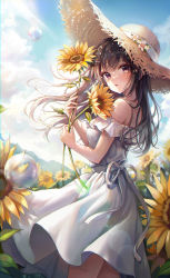 Rule 34 | 1girl, absurdres, bare shoulders, black hair, blush, dress, flower, from side, hat, highres, long hair, looking at viewer, off shoulder, original, outdoors, parted lips, solo, starlime, summer, sundress, sunflower, white dress