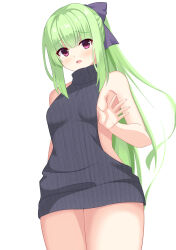 Rule 34 | 1girl, absurdres, alternate costume, arm at side, bare arms, black sweater, blunt bangs, blush, bow, breasts, commentary, cowboy shot, curvy, eyelashes, eyes visible through hair, foreshortening, furrowed brow, green hair, hair bow, hand up, highres, long hair, looking at viewer, medium breasts, meme attire, murasame (senren), niki 7801700, no bra, open hand, open mouth, ponytail, purple bow, red eyes, ribbed sweater, senren banka, shy, sideboob, sidelocks, simple background, smile, solo, standing, sweater, turtleneck, very long hair, virgin killer sweater, white background