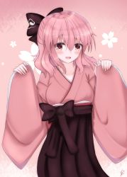 Rule 34 | 1girl, absurdres, alternate costume, arms up, blush, bow, cherry blossoms, commentary request, cowboy shot, gradient background, hair between eyes, hair bow, hakama, hakama short skirt, hakama skirt, highres, ibuibuyou, japanese clothes, kimono, long sleeves, looking at viewer, meiji schoolgirl uniform, parted lips, pinching sleeves, pink background, pink eyes, pink hair, pink kimono, saigyouji yuyuko, short hair, signature, skirt, solo, standing, taishou, touhou, wide sleeves