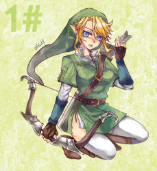 Rule 34 | 1girl, arrow (projectile), blonde hair, blue eyes, bow (weapon), fingerless gloves, gender request, genderswap, gloves, hat, link, nintendo, quiver, side slit, solo, the legend of zelda, thighhighs, tunic, vambraces, weapon