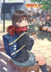 Rule 34 | 6+girls, bag, bag charm, black jacket, black socks, blazer, blue eyes, blue skirt, blurry, blurry background, blush, brown hair, charm (object), city, closed mouth, cup, day, depth of field, disposable cup, feet out of frame, fringe trim, hair ornament, hairclip, highres, holding, holding cup, jacket, kneehighs, long sleeves, miko fly, miniskirt, multiple girls, original, outdoors, plaid, plaid scarf, pleated skirt, red scarf, scarf, school bag, short hair, signature, sitting, skirt, smile, snowman, socks, solo focus, sparkle, sunlight