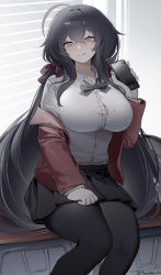 Rule 34 | 1girl, :q, absurdres, ahoge, azur lane, black bow, black bowtie, black hair, black pantyhose, black skirt, window blinds, bow, bowtie, breasts, button gap, cellphone, classroom, collared shirt, crossed bangs, desk, feet out of frame, hair between eyes, hair ribbon, hand up, highres, holding, holding phone, huge ahoge, huge breasts, indoors, jacket, large breasts, long hair, looking at viewer, off shoulder, official alternate costume, on desk, pantyhose, phone, pleated skirt, red jacket, red ribbon, revision, ribbon, school uniform, shibuya (kurokamishain), shirt, shirt tucked in, sitting, on desk, skirt, smartphone, solo, taihou (azur lane), taihou (sweet time after school) (azur lane), taut clothes, taut shirt, thighs, tongue, tongue out, twitter username, very long hair, white shirt