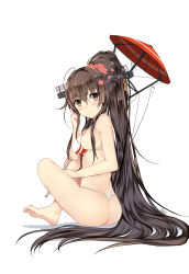 Rule 34 | 10s, 1girl, ass, barefoot, bba1985, bikini, blush, breasts, brown hair, feet, full body, highres, kantai collection, long hair, looking at viewer, md5 mismatch, medium breasts, ponytail, sideboob, simple background, solo, swimsuit, umbrella, very long hair, white background, yamato (kancolle)
