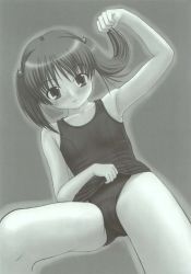 Rule 34 | 1girl, female focus, grey background, highres, monochrome, solo, spread legs, swimsuit, tagme