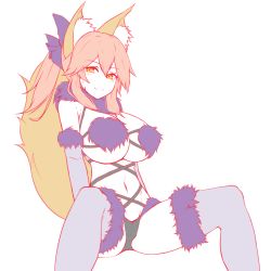 Rule 34 | 10s, 1girl, animal ears, black panties, blush, bow, bra, breasts, closed mouth, cosplay, elbow gloves, eyebrows, fate/extra, fate/extra ccc, fate/grand order, fate (series), female focus, flat color, fox ears, fox tail, fur collar, fur trim, gloves, groin, hair bow, halloween costume, head tilt, highres, kuso otoko, large breasts, long hair, looking at viewer, mash kyrielight, mash kyrielight (dangerous beast), mash kyrielight (dangerous beast) (cosplay), monochrome, navel, orange eyes, orange hair, panties, partially colored, ponytail, purple bow, shielder (fate/grand order) (cosplay), simple background, sitting, smile, solo, spot color, spread legs, sweatdrop, tail, tamamo (fate), tamamo no mae (fate/extra), thighhighs, underwear, white background