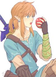 Rule 34 | 1boy, apple, arm guards, artist name, black gloves, blonde hair, blue eyes, blue tunic, boots, brown footwear, brown pants, earrings, eating, fingerless gloves, food, fruit, gloves, grey shirt, hair between eyes, highres, holding, holding food, holding fruit, jewelry, link, long sleeves, looking to the side, low ponytail, male focus, medium hair, nintendo, open mouth, pants, pointy ears, red apple, ruya pim, shirt, sidelocks, sitting, solo, sword, the legend of zelda, the legend of zelda: breath of the wild, twitter username, upper body, weapon, weapon on back, white background