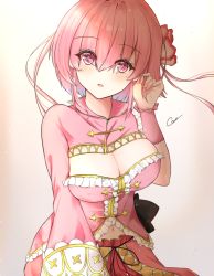 Rule 34 | 1girl, :o, blush, breasts, cleavage, coro (corota 5656), cyclamen (flower knight girl), flower, flower knight girl, frilled shirt, frills, hair flower, hair ornament, highres, large breasts, looking at viewer, navel, open mouth, pink background, pink eyes, pink hair, pink shirt, pink theme, red skirt, shirt, short hair, skirt, solo, upper body