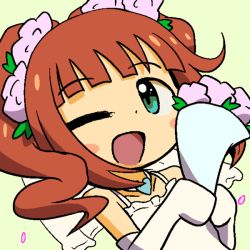 Rule 34 | 4girls, :d, ;d, ahoge, animated, animated gif, aqua eyes, blonde hair, blush stickers, bouquet, brown hair, close-up, closed eyes, dress, falling, flower, futami ami, futami mami, green background, hair flower, hair ornament, heart, hoshii miki, idolmaster, idolmaster (classic), jewelry, multiple girls, necklace, one eye closed, open mouth, petals, siblings, simple background, sisters, smile, takatsuki yayoi, throwing, tuxedo, twins, twintails, veil, wedding dress, white dress, wink, yuutousei