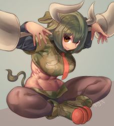 Rule 34 | 10s, 1girl, abs, animal ears, ankle boots, aurochs (kemono friends), bad id, bad twitter id, black pantyhose, boots, breasts, brown eyes, camouflage, camouflage shirt, camouflage skirt, closed mouth, collared shirt, cow ears, cow horns, cow tail, crop top, dark-skinned female, dark skin, dated, duplicate, empty eyes, eyebrows, eyelashes, eyes visible through hair, facing away, green footwear, green hair, green shirt, green skirt, groin, hair between eyes, hands up, hori (hori no su), horns, kemono friends, knees apart feet together, large breasts, leaning, leaning forward, long sleeves, microskirt, muscular, muscular female, navel, necktie, pantyhose, red necktie, shirt, short hair, short sleeves, signature, sitting, skirt, smile, solo, stomach, tail, tail raised, v-shaped eyebrows, weapon