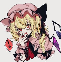 Rule 34 | !, 1girl, ascot, black nails, blonde hair, blush, collared shirt, crystal, fangs, fingernails, flandre scarlet, frilled shirt collar, frills, hat, highres, long fingernails, long hair, looking at viewer, mob cap, nail polish, open mouth, pink hat, pink shirt, red eyes, red vest, sharp fingernails, shirt, short sleeves, side ponytail, simple background, smile, solo, spoken exclamation mark, touhou, upper body, vest, white background, wings, wrist cuffs, yoma (lycoris109)