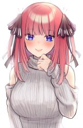 Rule 34 | 1girl, absurdres, alternate costume, bare shoulders, black ribbon, blue eyes, blunt bangs, blush, breasts, butterfly hair ornament, closed mouth, commentary request, detached sleeves, go-toubun no hanayome, grey sleeves, grey sweater, hair ornament, hair ribbon, highres, kurosaki coco, large breasts, lips, long hair, looking at viewer, nakano nino, pink hair, pink lips, ribbed sweater, ribbon, sleeveless, sleeveless turtleneck, smile, solo, sweater, turtleneck, turtleneck sweater, upper body, white background