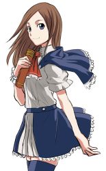 Rule 34 | 1girl, ascot, blue eyes, blue thighhighs, book, brown hair, capelet, castlevania (series), castlevania: portrait of ruin, charlotte aulin, closed mouth, dress, hiroe rei, long hair, looking at viewer, simple background, skirt, smile, solo, thighhighs, white background