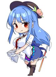 Rule 34 | 1girl, black headwear, blue hair, blue skirt, blush, boots, breasts, brown footwear, closed mouth, collared shirt, frilled skirt, frills, fruit hat ornament, full body, hat ornament, hinanawi tenshi, holding, large breasts, long hair, necktie, neropaso, peach hat ornament, rainbow order, red eyes, red necktie, rock, shirt, short sleeves, simple background, skirt, solo, sword, sword of hisou, touhou, weapon, white background, white shirt