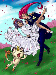 1boy 1girl blue_eyes carrying creatures_(company) crossdressing crown dial-p-for-placey dress game_freak gen_1_pokemon grass green_eyes happy highres james_(pokemon) jessie_(pokemon) looking_at_viewer meowth nintendo petals pokemon pokemon_(anime) pokemon_(classic_anime) pokemon_(creature) princess_carry purple_hair rachael_lillis red_hair rose_petals team_rocket trap tuxedo wedding wedding_dress