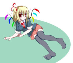 Rule 34 | 1girl, alternate costume, black thighhighs, blonde hair, blouse, blush, collared shirt, female focus, flandre scarlet, full body, green background, necktie, oouso, ponytail, red necktie, ribbon, shirt, short hair, skirt, sleeves rolled up, solo, thighhighs, touhou, white background, white shirt, wings