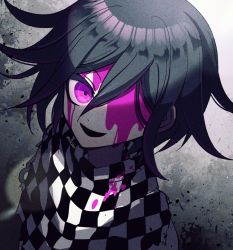 Rule 34 | 1boy, :d, artist name, black background, black hair, blood, blood on face, checkered clothes, checkered scarf, danganronpa (series), danganronpa v3: killing harmony, flipped hair, grey background, hair between eyes, male focus, medium hair, mikao (eanv5385), missing eye, open mouth, oma kokichi, pink blood, pink eyes, scarf, smile, solo