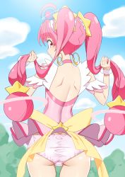 Rule 34 | 1girl, ahoge, ass, backless outfit, blue sky, choker, cloud, cure star, day, earrings, from behind, highres, hoshina hikaru, jewelry, long hair, looking at viewer, looking back, magical girl, outdoors, panties, pink choker, pink eyes, pink hair, pink panties, precure, sky, solo, standing, star twinkle precure, twintails, underwear, yuto (dialique)