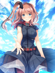 Rule 34 | 10s, 1girl, anchor, ascot, belt, belt buckle, black dress, blue eyes, breast pocket, breasts, brown hair, buckle, dress, drum magazine, foreshortening, highres, imachireki, kantai collection, large breasts, long hair, looking at viewer, magazine (weapon), pocket, ponytail, red ascot, red thighhighs, saratoga (kancolle), saratoga mk ii (kancolle), side ponytail, skirt, smile, solo, thighhighs, underskirt, white skirt