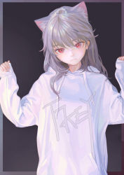 Rule 34 | 1girl, animal ear fluff, animal ears, artist name, closed mouth, clothes writing, drawstring, extra ears, fkey, grey hair, hands up, highres, hood, hoodie, long hair, long sleeves, looking at viewer, original, red eyes, simple background, sleeves past wrists, solo, white hoodie