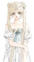Rule 34 | 1girl, absurdres, aqua bow, bare shoulders, bishoujo senshi sailor moon, blonde hair, blue eyes, bow, double bun, dress, earrings, flower, hair bun, hair flower, hair ornament, highres, jewelry, leaf, long hair, looking at viewer, off-shoulder dress, off shoulder, parted bangs, parted lips, short sleeves, simple background, solo, ssss ve, tsukino usagi, twintails, very long hair, white background, white dress, white flower