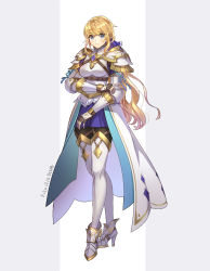 Rule 34 | 1girl, alice (alice in wonderland), alice in wonderland, armor, belt, belt buckle, blonde hair, blue eyes, breastplate, buckle, commentary request, dated, dhkdldpa, female knight, fingerless gloves, gloves, gold trim, hair ribbon, high heels, knight, long hair, looking at viewer, ribbon, shoulder armor, signature, smile, solo, standing, thighhighs, two-tone background, vambraces, waist cape