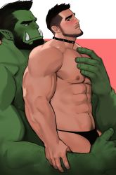 Rule 34 | 2boys, abs, bara, beard, bikini briefs, black collar, black male underwear, bulge, collar, colored skin, couple, dopey (dopq), facial hair, fangs, from side, grabbing, green skin, highres, interspecies, large pectorals, male focus, male underwear, mature male, monster boy, multiple boys, muscular, muscular male, navel, navel hair, nipples, orc, original, paid reward available, pectoral grab, pectorals, short hair, size difference, stomach, thick eyebrows, undercut, underwear, underwear only, yaoi