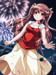 Rule 34 | 1girl, blush, breasts, brown hair, camisole, chaamii, character request, closed mouth, copyright request, cowboy shot, facing viewer, fence, fireworks, highres, leaf, long hair, looking at viewer, night, night sky, open hand, red camisole, red eyes, shirt, signature, skirt, sky, small breasts, smile, solo, star (sky), starry sky, tree, two side up, white shirt, wind, wooden fence, yellow skirt