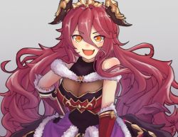Rule 34 | 1girl, :d, bare shoulders, breasts, cleavage, dragalia lost, fang, fur trim, gloves, hair between eyes, hair ornament, hand on own hip, highres, large breasts, long hair, looking at viewer, mym (dragalia lost), open mouth, orange eyes, red hair, shoukkun25, smile, solo, tail, upper body, very long hair