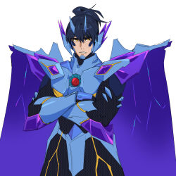 1boy armor black_bodysuit black_hair blue_armor blue_horns bodysuit bright_pupils cape chin_guard clenched_teeth core cowboy_shot crossed_arms highres horns kamo_kamen looking_at_viewer male_focus muscular muscular_male personification ponytail purple_cape shoulder_armor simple_background solo superbia_(bravern) superbia_(bravern)_(personification) teeth vambraces white_background white_pupils yellow_eyes yuuki_bakuhatsu_bang_bravern