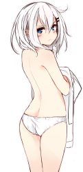 Rule 34 | 1girl, ass, back, blue eyes, blush, closed mouth, unworn clothes, cowboy shot, from behind, hair between eyes, hair ornament, hairclip, highres, looking at viewer, looking back, no bra, original, otokuyou, panties, ringo-chan (haegiwa), ringo-chan (otokuyou), shirt, unworn shirt, simple background, solo, standing, topless, underwear, underwear only, white background, white hair, white panties, white shirt