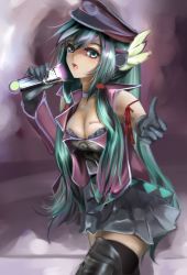 Rule 34 | 1girl, absurdres, breasts, cleavage, copyright name, gloves, green eyes, green hair, hat, hatsune miku, headphones, highres, long hair, matching hair/eyes, microphone, open mouth, peaked cap, rx?, skirt, solo, tattoo, thighhighs, vocaloid
