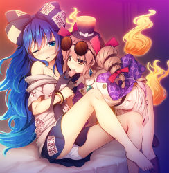 Rule 34 | 2girls, bare shoulders, blue eyes, blue hair, blue skirt, blush, bow, bracelet, brown eyes, chima q, commentary request, condom, condom in mouth, drill hair, eyewear on head, hair bow, hair ribbon, hat, highres, jewelry, legs, long hair, mouth hold, multiple girls, one eye closed, panties, pink hair, pink panties, red ribbon, ribbon, short hair, siblings, sisters, sitting, skirt, sunglasses, touhou, twin drills, underwear, white panties, yorigami jo&#039;on, yorigami shion