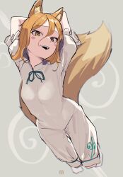 Rule 34 | 1girl, animal ears, arms behind head, blast-7, blonde hair, breasts, brown eyes, cropped legs, fox ears, fox girl, fox tail, green ribbon, highres, kudamaki tsukasa, one-hour drawing challenge, open mouth, ribbon, romper, short hair, small breasts, solo, tail, touhou, white romper, yellow tail