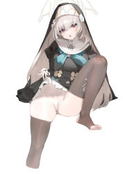 Rule 34 | 1girl, absurdres, black dress, blue archive, blue neckerchief, blush, breasts, brown thighhighs, clothes lift, dress, dress lift, flower, grey hair, habit, halo, highres, large breasts, leg up, lifted by self, long hair, long sleeves, looking at viewer, neckerchief, no panties, nun, parted lips, pink eyes, prossss, pussy, sakurako (blue archive), simple background, solo, spread legs, sweat, thighhighs, toeless legwear, uncensored, very long hair, white background, white flower