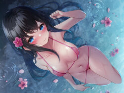 Rule 34 | 1girl, bare arms, bare shoulders, bikini, black hair, blue eyes, blush, breasts, closed mouth, collarbone, covered erect nipples, flower, from above, hair flower, hair ornament, highres, long hair, looking at viewer, lying, medium breasts, navel, non-web source, on back, original, pink bikini, pink flower, ripples, see-through swimsuit, smile, solo, stomach, string bikini, swimsuit, thighs, toyosaki shu, wading, water, wet