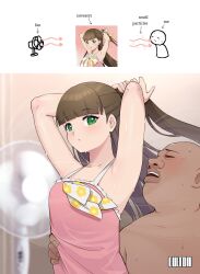 Rule 34 | 1boy, 1girl, armpits, arms behind head, blunt bangs, blush, breasts, brown hair, closed eyes, clothed female nude male, collarbone, commentary, culton, dark-skinned male, dark skin, dress, electric fan, girlsmell particles (meme), green eyes, half updo, hand on another&#039;s stomach, highres, long hair, looking at viewer, love live!, love live! superstar!!, meme, nude, parted lips, pink dress, sakurakoji kinako, sleeveless, sleeveless dress, small breasts, sweat, symbol-only commentary, tying hair, ugly man, upper body