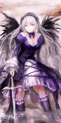 Rule 34 | 00s, 1girl, dress, frills, gathers, hairband, highres, long hair, nekomichi, red eyes, rozen maiden, solo, suigintou, sword, thighhighs, wading, water, weapon, white hair, wings