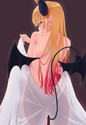 Rule 34 | 1girl, back, blonde hair, blue eyes, brown background, closed mouth, commentary, cowboy shot, demon girl, demon horns, demon tail, demon wings, from behind, gradient hair, highres, hololive, horns, loeldrive, long hair, looking at viewer, looking back, multicolored hair, naked robe, nude, pink hair, pointy ears, robe, see-through silhouette, simple background, solo, standing, tail, two-tone hair, undressing, virtual youtuber, white robe, wings, yuzuki choco, yuzuki choco (1st costume)